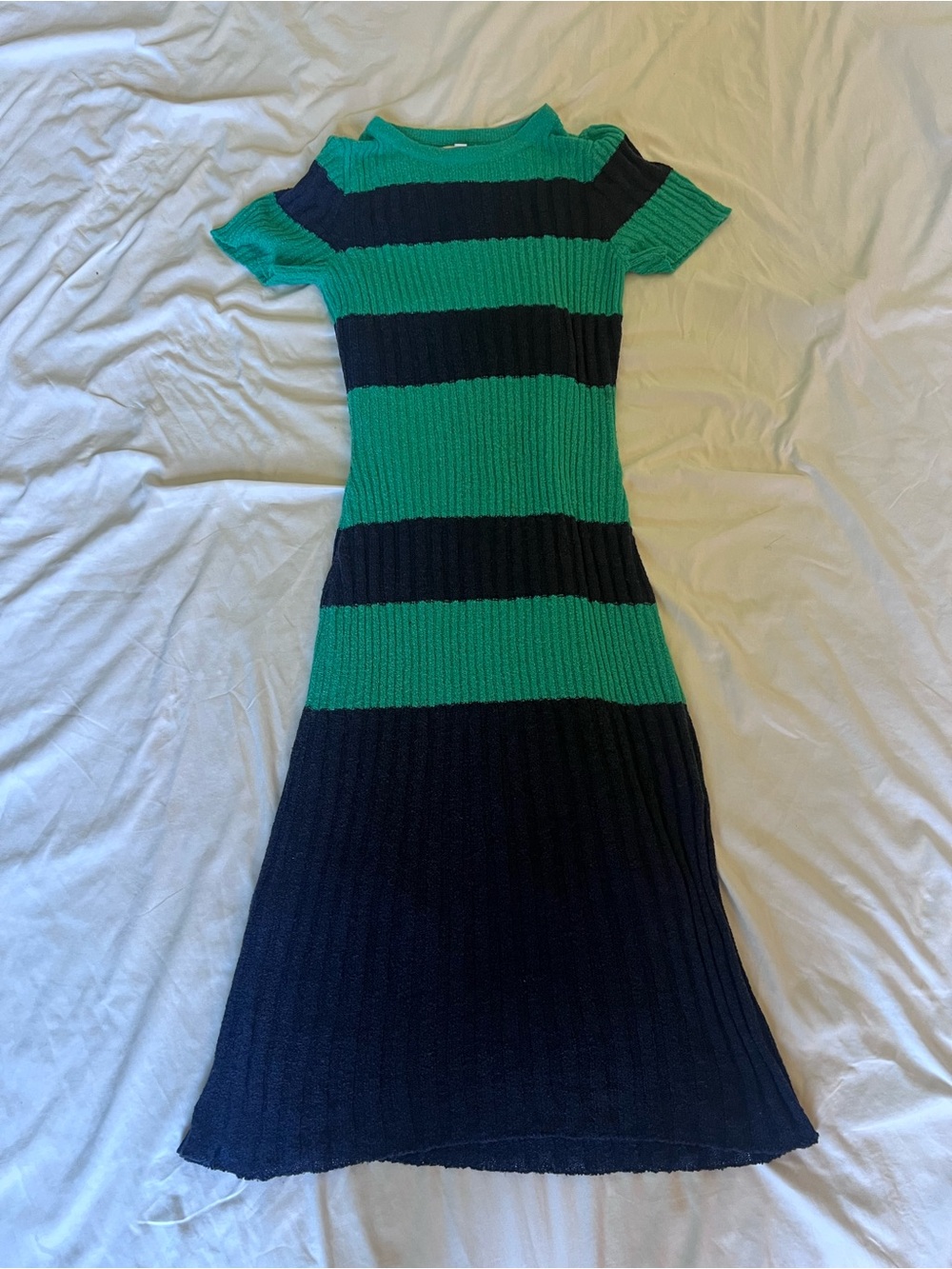 Striped Knit Midi Dress in Green and Navy blue